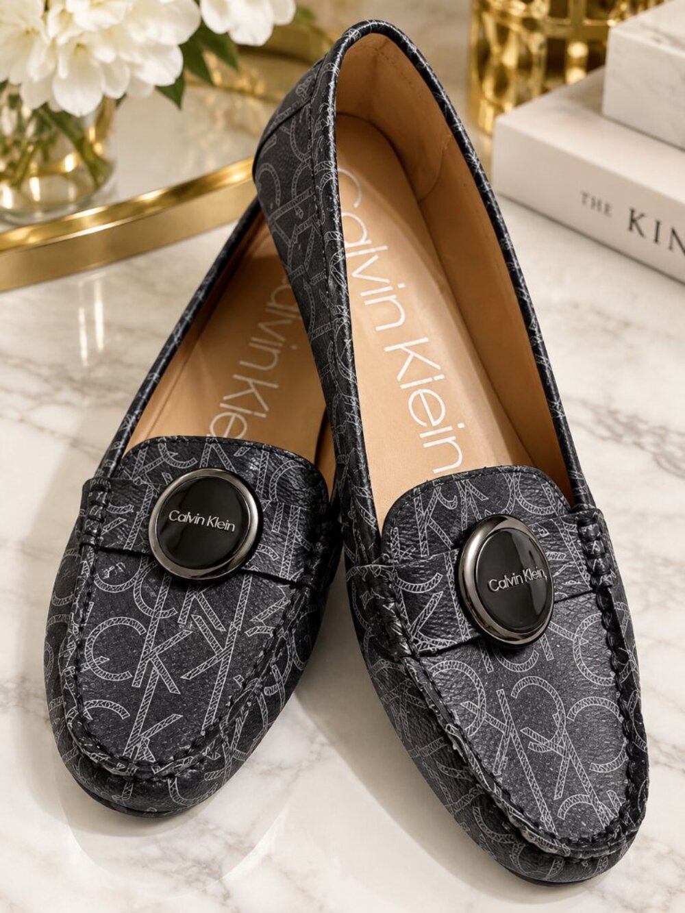 Calvin Klein Women's Black Gray CK Monogram Driving Loafers with Logo Hardware